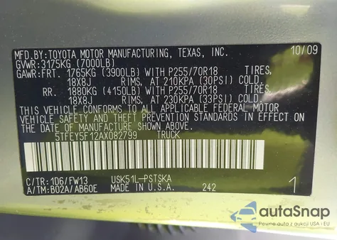 2010 Toyota Tundra Grade 5.7L V8 z USA, uszkodzony, nr VIN 5TFEY5F12AX082799